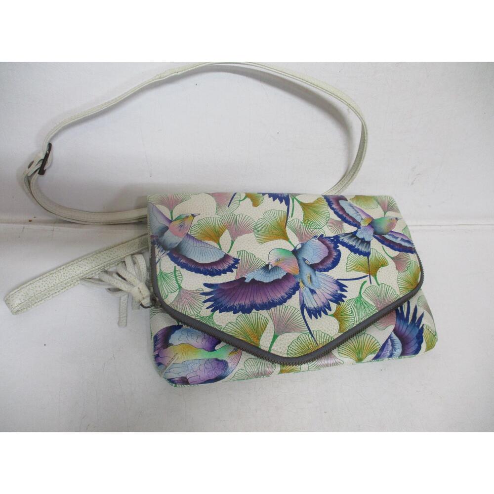 ANUSCHKA Multi-Color Hand-Painted Birds Metallic Leather Wristlet Crossbody Bag